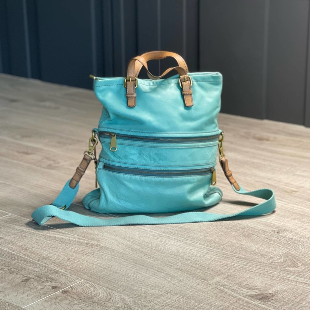 Vintage FOSSIL Teal Large Leather Explorer Foldover Crossbody Messenger Bag